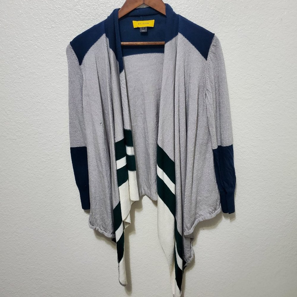 St. John Open front cardigan sweater wool gray blue stripe